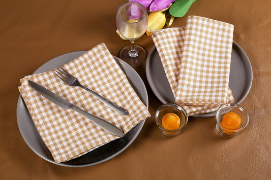 Native Fab Gingham Mini Check Set of 4 Cloth Dinner Napkins 16x16 inches Soft, Absorbent, Cotton Napkins - Reusable Everyday Use Fabric Napkins - Beige and White