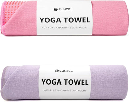 2 Pack Hot Yoga Towel with Grip Dot, Non Slip Yoga Mat Towe Sweat Absorbent Towel for Hot Yoga,Bikram, Pilates and Fitness 72" x 24", Taro Purple/Pink