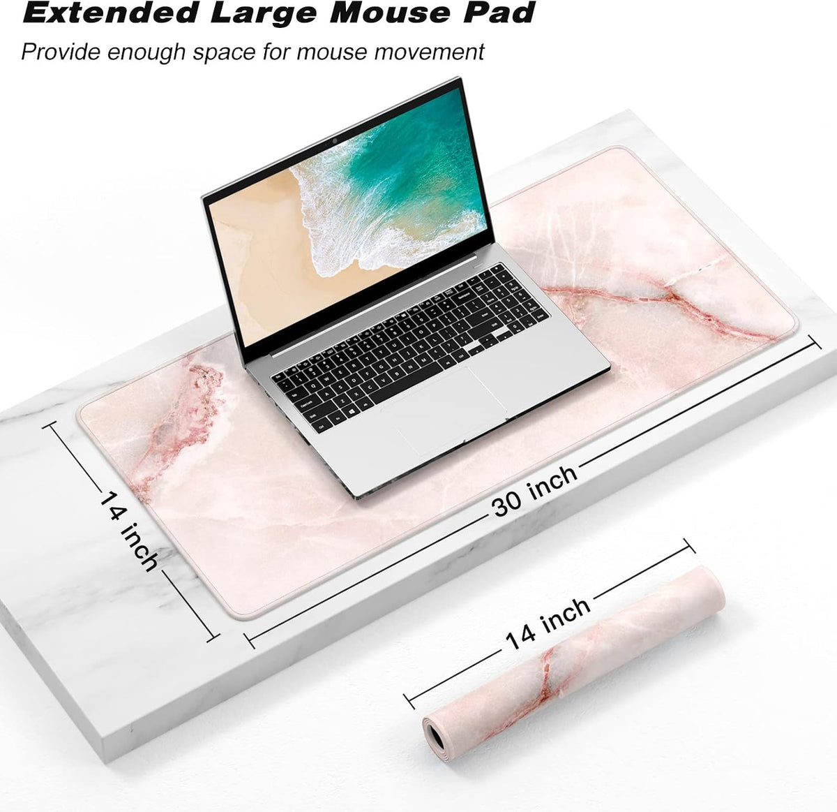 Extended Gaming Mouse Pad, XXL Large Mouse Mat 30 x 14 Inch, Big Computer Keyboard Mousepad, Waterproof Desk Pad with Stitched Edges and Non-Slip Base for Office Gaming, Light Pink Marble