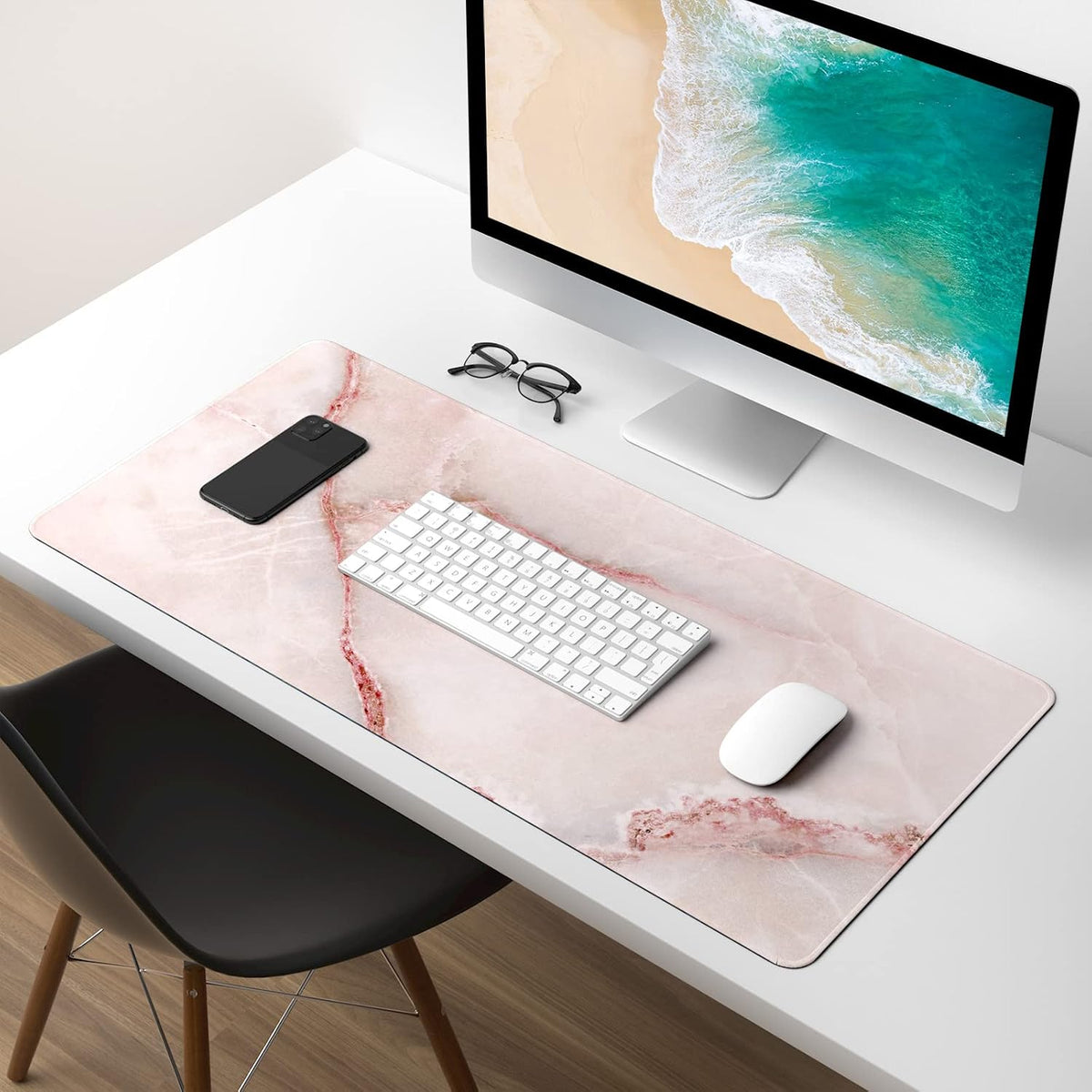 Extended Gaming Mouse Pad, XXL Large Mouse Mat 30 x 14 Inch, Big Computer Keyboard Mousepad, Waterproof Desk Pad with Stitched Edges and Non-Slip Base for Office Gaming, Light Pink Marble