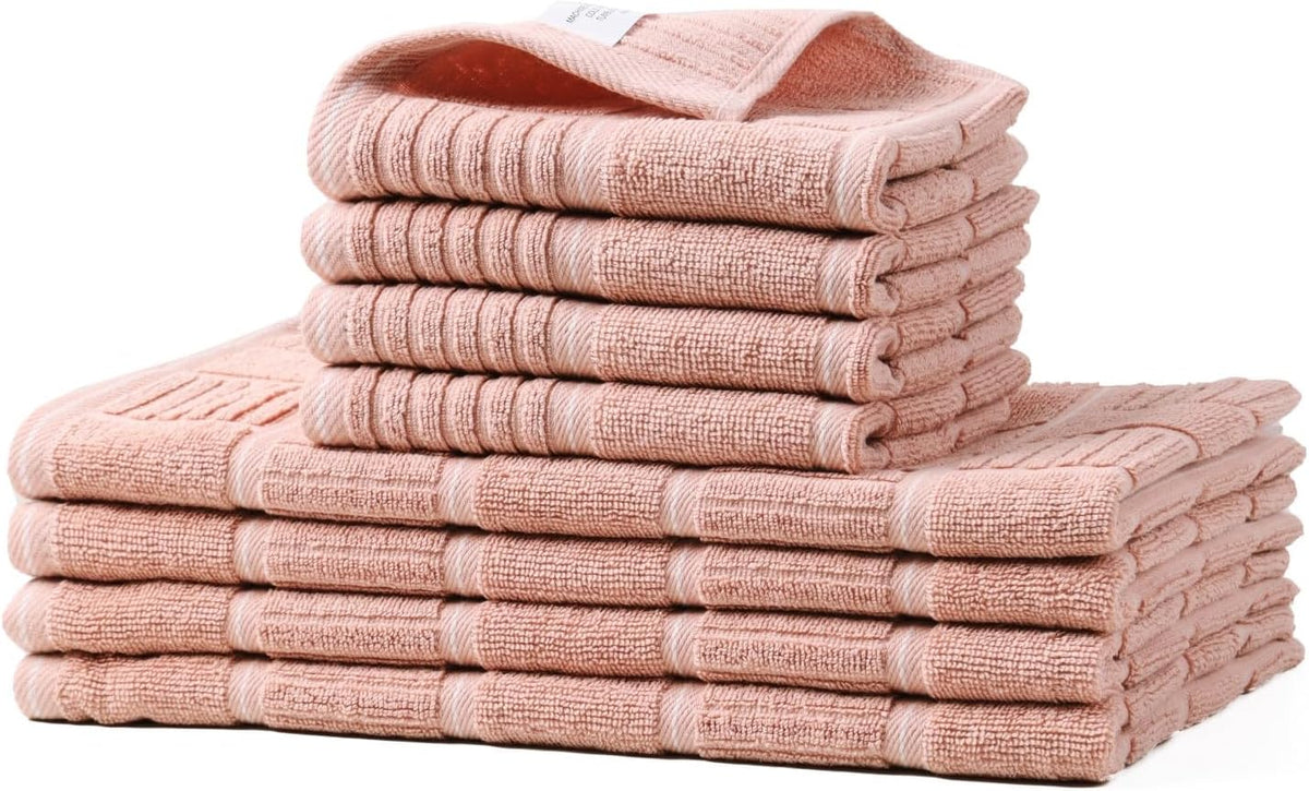 Kitchen Towels and Dishcloths Set, Four Kitchen Dish Towels 16x26 Inches, Four Absorbent Dish Cloths for Washing Dishes 12x12 Inches, Cleaning and Drying for Everyday Use Pack of 8 (Pink)