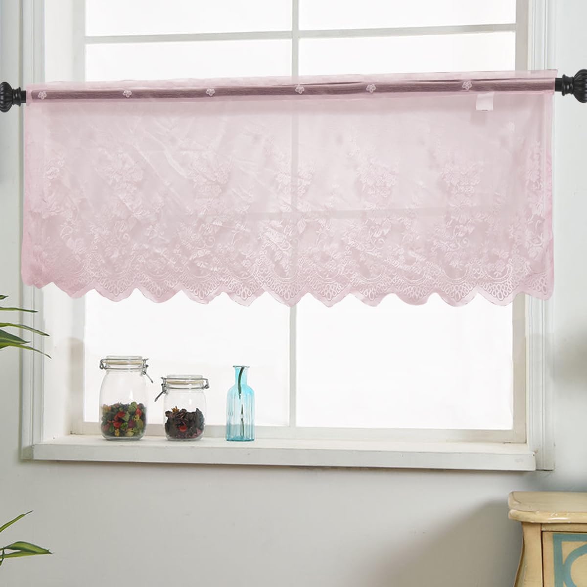 Semi Sheer Window Valance 1 Panel, 51 X 16 Inch Window Treatment Curtain Linen Flowers Rod Pocket for Kitchen Bathroom Bedroom Home Decoration, Pink