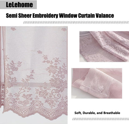 Semi Sheer Window Valance 1 Panel, 51 X 16 Inch Window Treatment Curtain Linen Flowers Rod Pocket for Kitchen Bathroom Bedroom Home Decoration, Pink