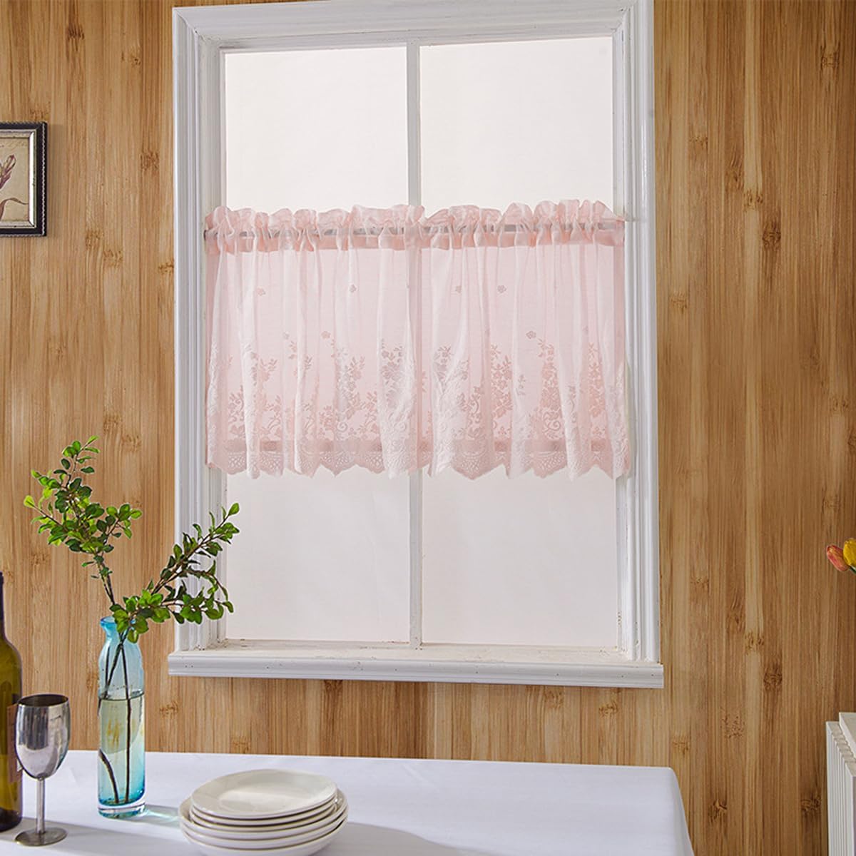 Semi Sheer Window Valance 1 Panel, 51 X 16 Inch Window Treatment Curtain Linen Flowers Rod Pocket for Kitchen Bathroom Bedroom Home Decoration, Pink