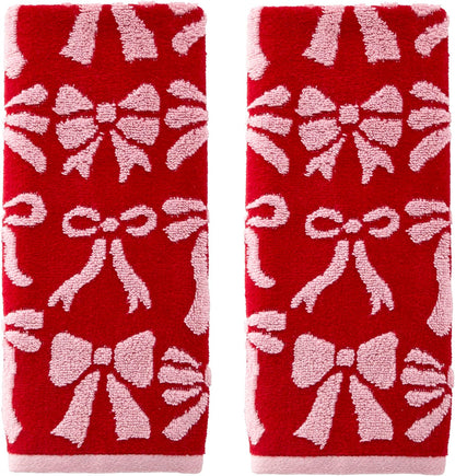 SKL Home Christmas Bow Hand Towel Set-2pc, 100% Cotton Jacquard, Red/Pink