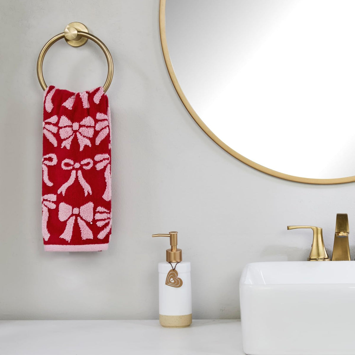 SKL Home Christmas Bow Hand Towel Set-2pc, 100% Cotton Jacquard, Red/Pink