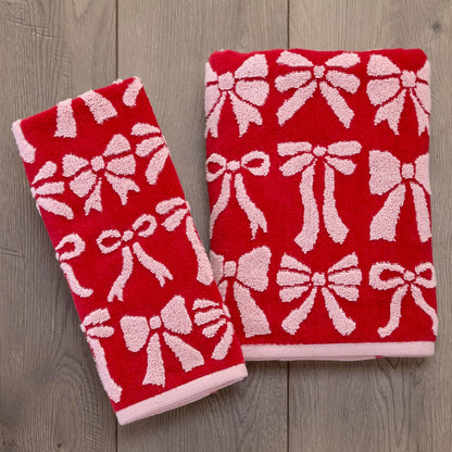 SKL Home Christmas Bow Hand Towel Set-2pc, 100% Cotton Jacquard, Red/Pink