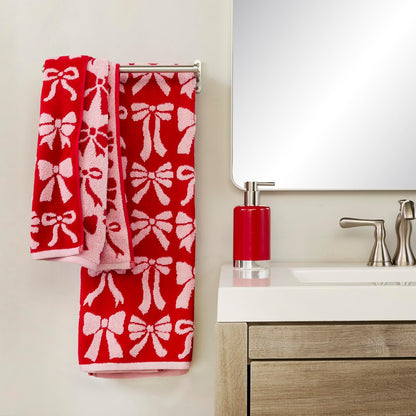 SKL Home Christmas Bow Hand Towel Set-2pc, 100% Cotton Jacquard, Red/Pink