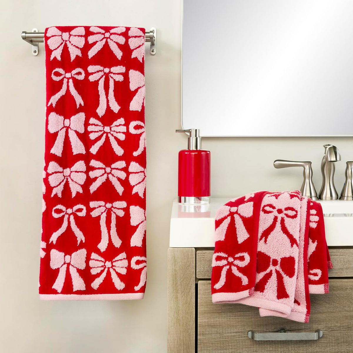SKL Home Christmas Bow Hand Towel Set-2pc, 100% Cotton Jacquard, Red/Pink