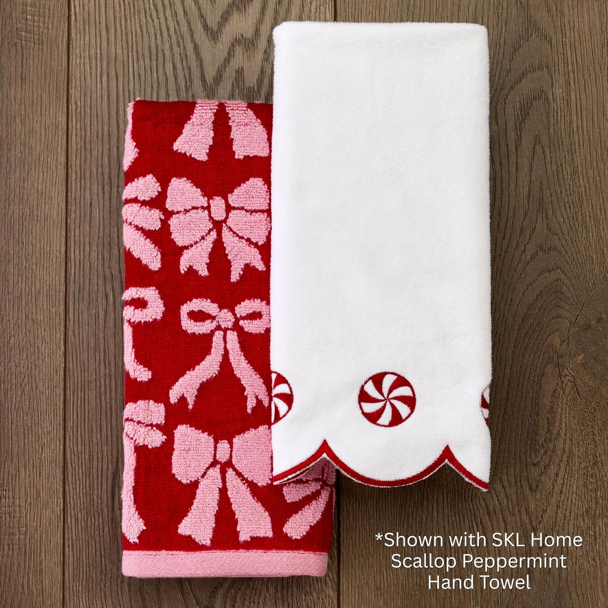 SKL Home Christmas Bow Hand Towel Set-2pc, 100% Cotton Jacquard, Red/Pink
