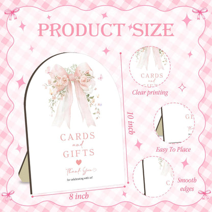 Pink Bow Bridal Shower Decorations,Cards and Gifts Sign,Bridal Shower Sign for Gift Table Decor,Wooden Arch Signs with Stand for Wedding Shower,Engagement Party, Bridal Brunch,Reception, 8 x 10 Inches