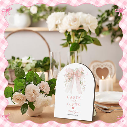 Pink Bow Bridal Shower Decorations,Cards and Gifts Sign,Bridal Shower Sign for Gift Table Decor,Wooden Arch Signs with Stand for Wedding Shower,Engagement Party, Bridal Brunch,Reception, 8 x 10 Inches