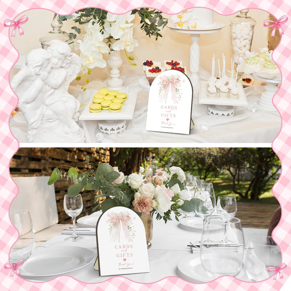 Pink Bow Bridal Shower Decorations,Cards and Gifts Sign,Bridal Shower Sign for Gift Table Decor,Wooden Arch Signs with Stand for Wedding Shower,Engagement Party, Bridal Brunch,Reception, 8 x 10 Inches
