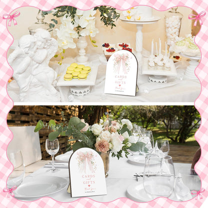 Pink Bow Bridal Shower Decorations,Cards and Gifts Sign,Bridal Shower Sign for Gift Table Decor,Wooden Arch Signs with Stand for Wedding Shower,Engagement Party, Bridal Brunch,Reception, 8 x 10 Inches