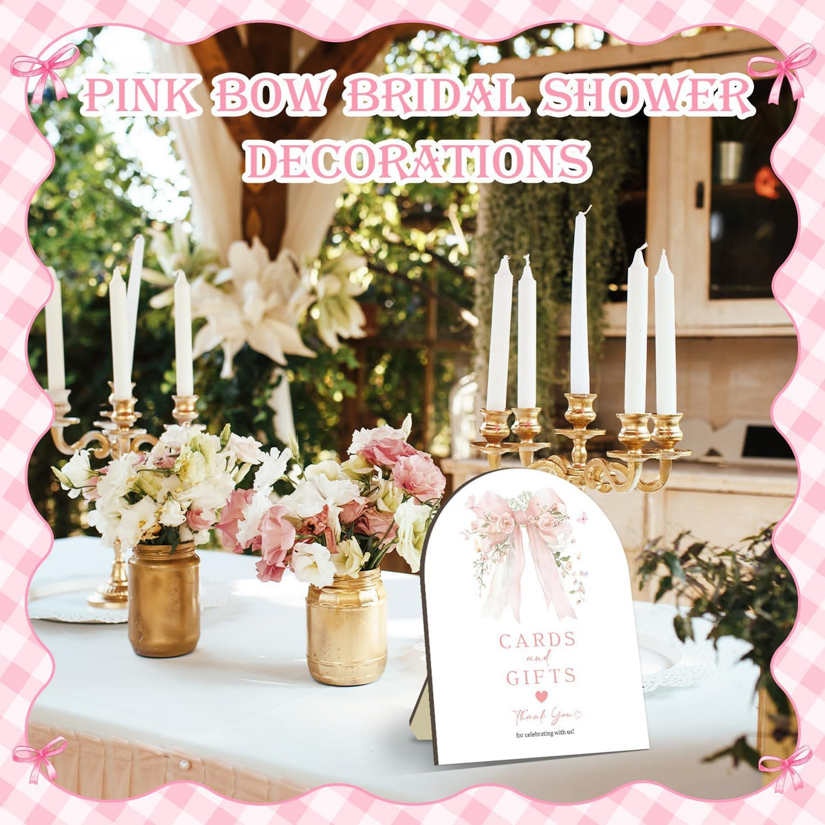 Pink Bow Bridal Shower Decorations,Cards and Gifts Sign,Bridal Shower Sign for Gift Table Decor,Wooden Arch Signs with Stand for Wedding Shower,Engagement Party, Bridal Brunch,Reception, 8 x 10 Inches