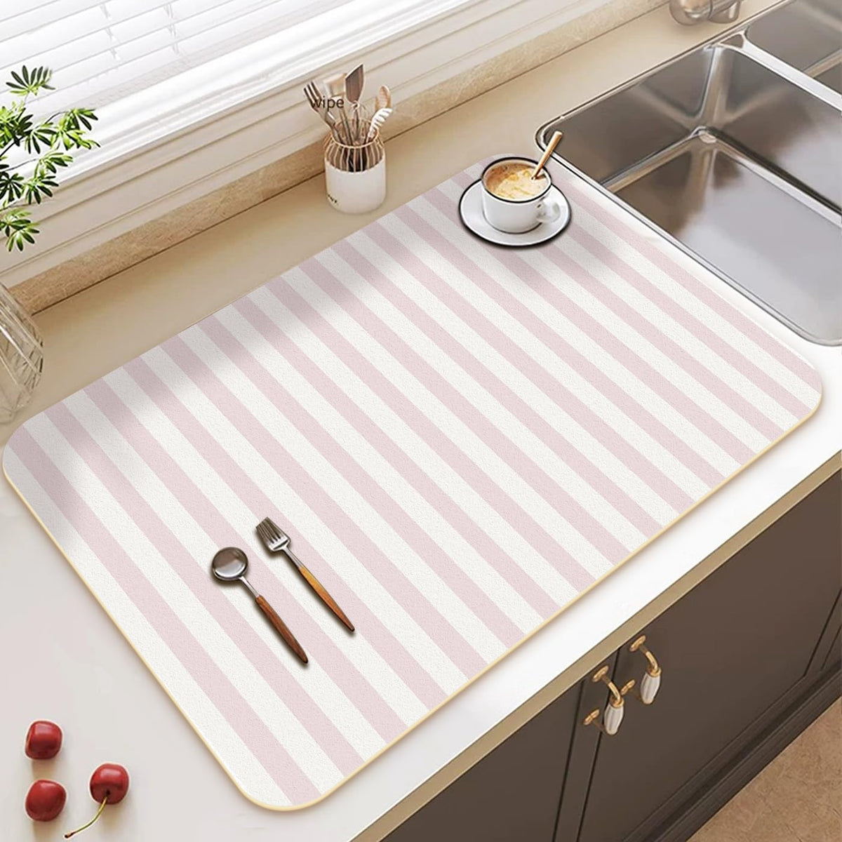 Premium Dish Drying Mat - Coffee Bar Matt & Drainer Rack for Kitchen Counter Decor, Housewarming Hostess Gift for Coffee Lovers, Super Absorbent Mat, 18" x 24" (Pink Stripes, 18'' * 24'')