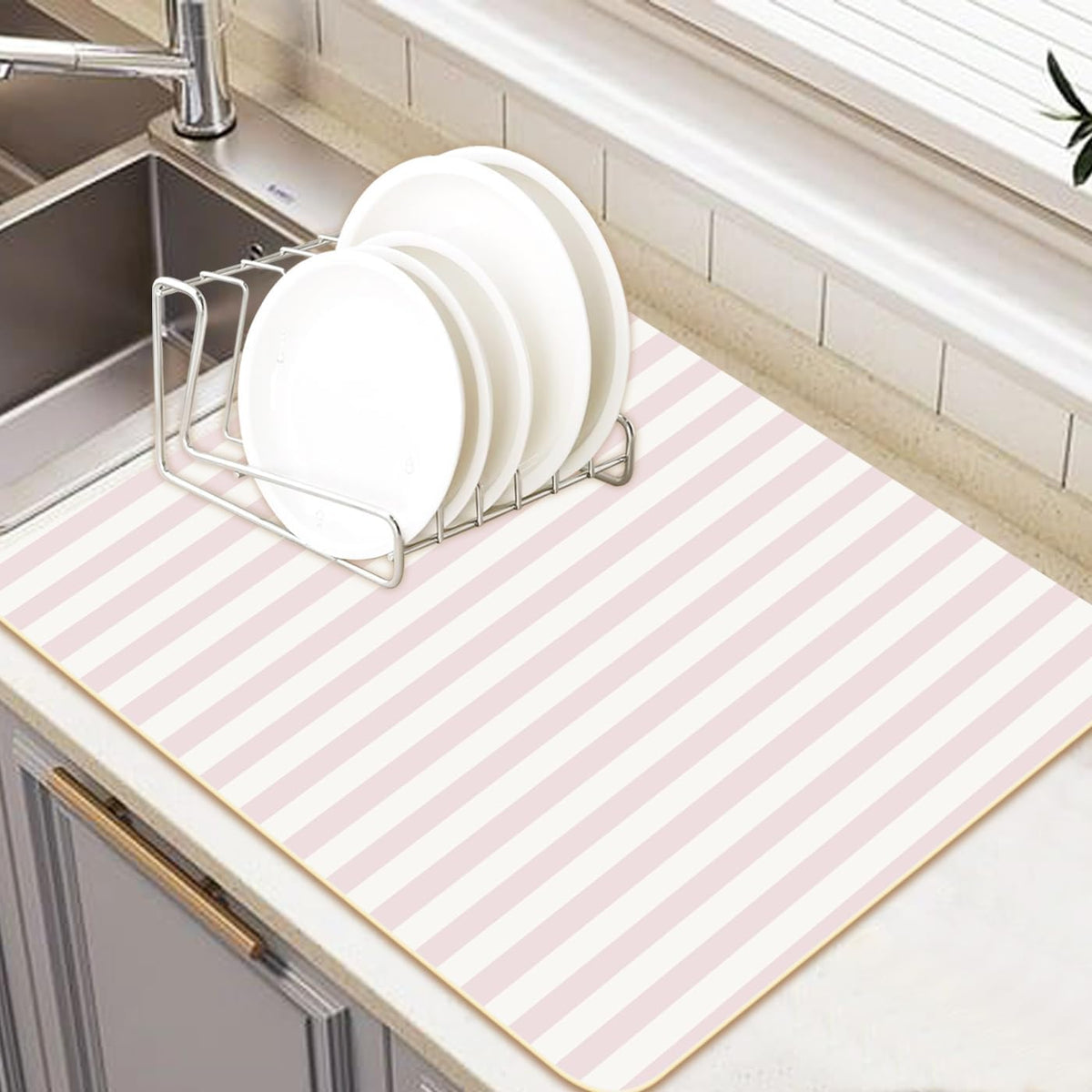 Premium Dish Drying Mat - Coffee Bar Matt & Drainer Rack for Kitchen Counter Decor, Housewarming Hostess Gift for Coffee Lovers, Super Absorbent Mat, 18" x 24" (Pink Stripes, 18'' * 24'')