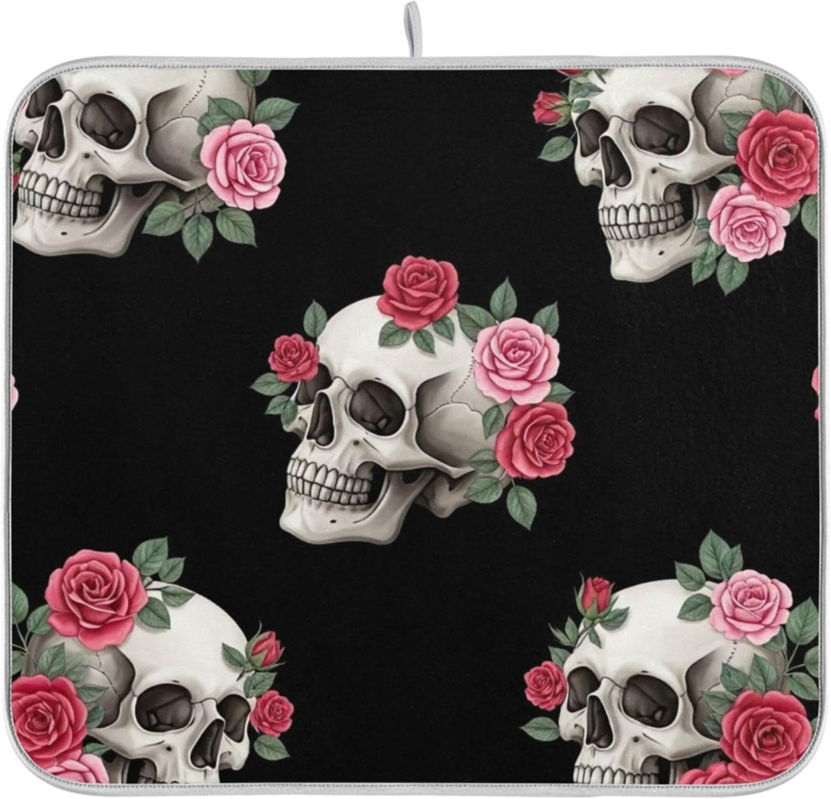Skulls Pink Roses Black Dish Drying Mats Floral Pastel Absorbent Dish Dry Mat Kitchen Dishes Counter Mat, 18" x 24"