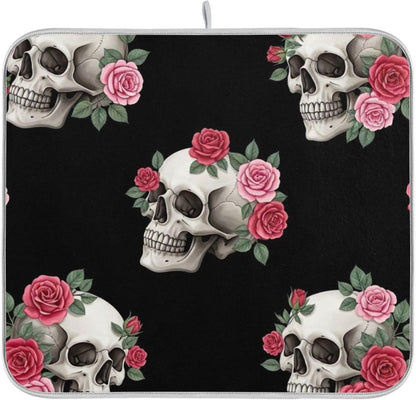 Skulls Pink Roses Black Dish Drying Mats Floral Pastel Absorbent Dish Dry Mat Kitchen Dishes Counter Mat, 18" x 24"