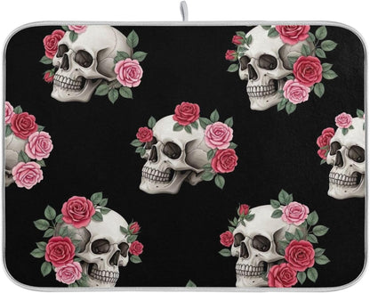 Skulls Pink Roses Black Dish Drying Mats Floral Pastel Absorbent Dish Dry Mat Kitchen Dishes Counter Mat, 18" x 24"
