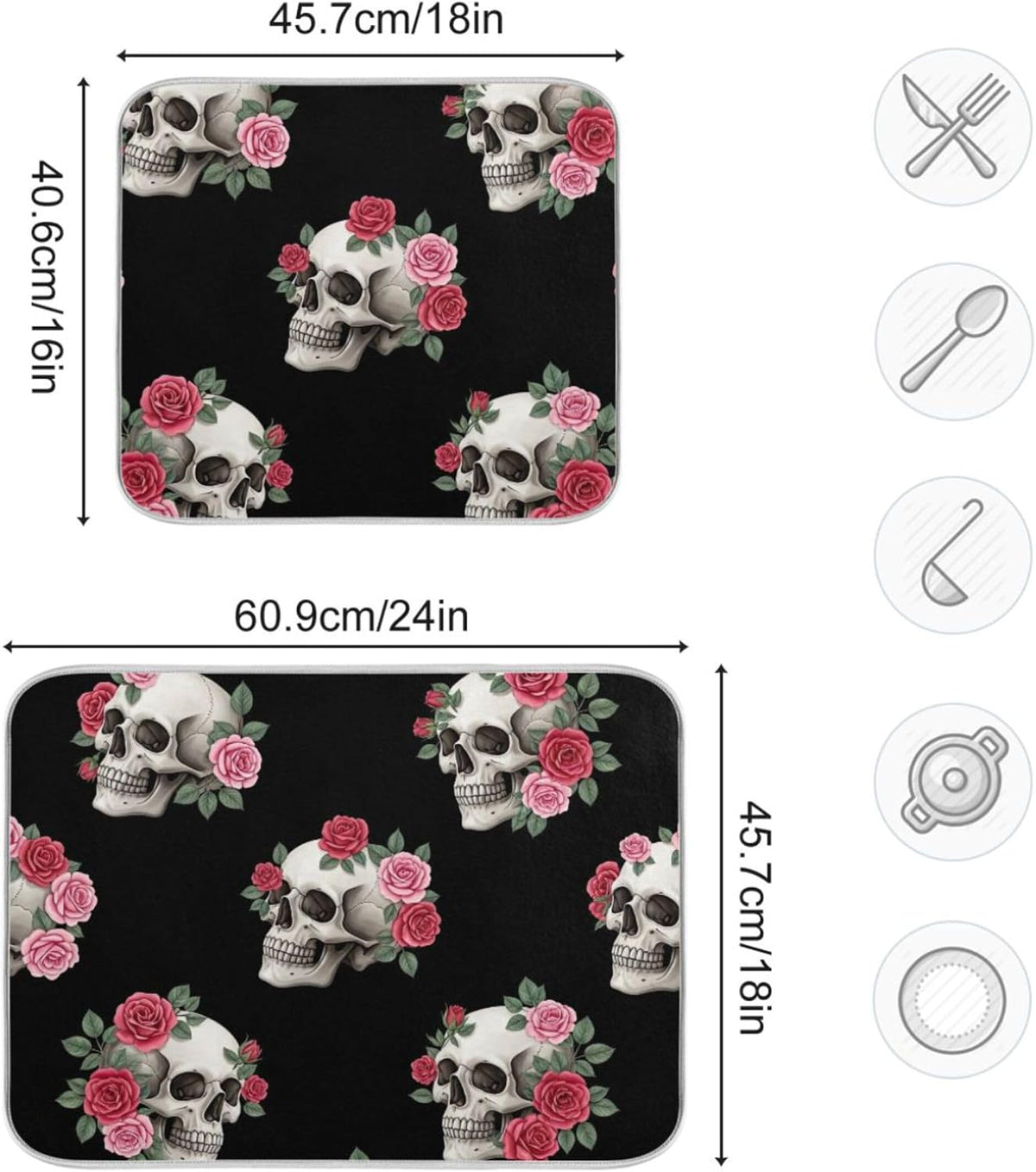 Skulls Pink Roses Black Dish Drying Mats Floral Pastel Absorbent Dish Dry Mat Kitchen Dishes Counter Mat, 18" x 24"