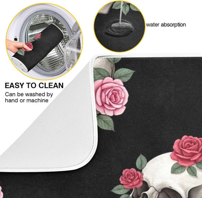 Skulls Pink Roses Black Dish Drying Mats Floral Pastel Absorbent Dish Dry Mat Kitchen Dishes Counter Mat, 18" x 24"