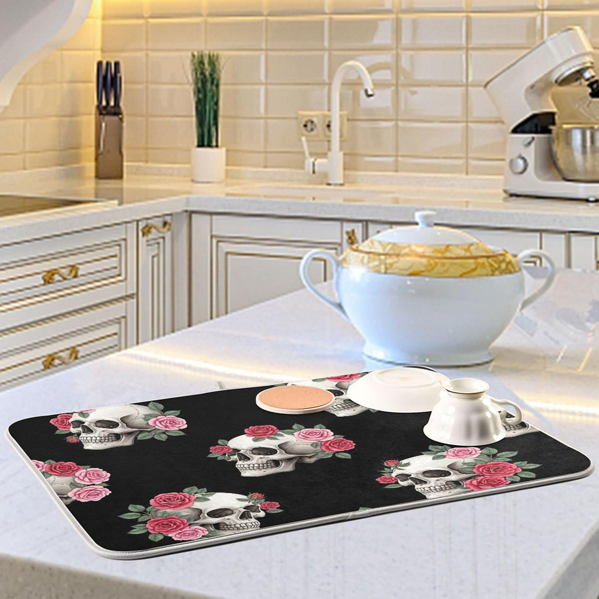 Skulls Pink Roses Black Dish Drying Mats Floral Pastel Absorbent Dish Dry Mat Kitchen Dishes Counter Mat, 18" x 24"