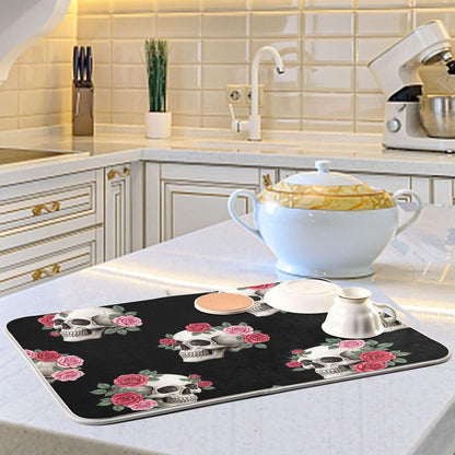 Skulls Pink Roses Black Dish Drying Mats Floral Pastel Absorbent Dish Dry Mat Kitchen Dishes Counter Mat, 18" x 24"