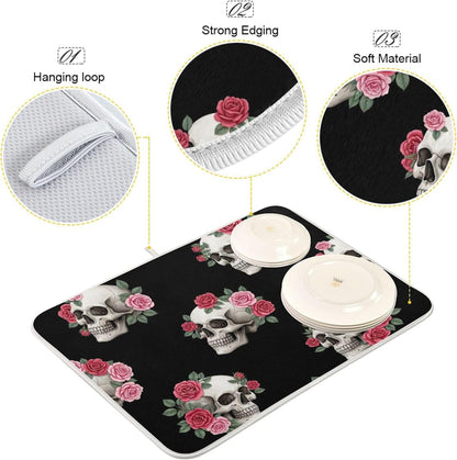 Skulls Pink Roses Black Dish Drying Mats Floral Pastel Absorbent Dish Dry Mat Kitchen Dishes Counter Mat, 18" x 24"