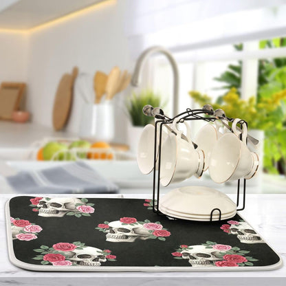 Skulls Pink Roses Black Dish Drying Mats Floral Pastel Absorbent Dish Dry Mat Kitchen Dishes Counter Mat, 18" x 24"