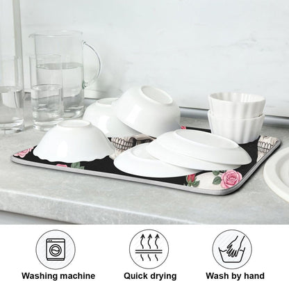Skulls Pink Roses Black Dish Drying Mats Floral Pastel Absorbent Dish Dry Mat Kitchen Dishes Counter Mat, 18" x 24"