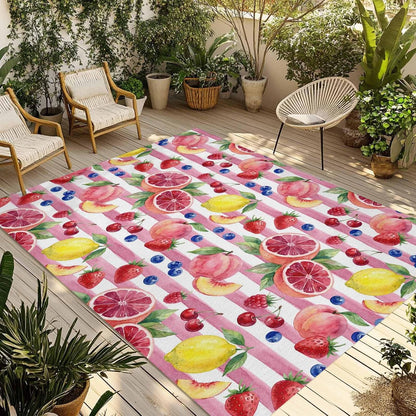 Summer Peach Lemon Grapefruit Outdoor Rug Area Rugs 4x6ft, Non Slip Carpet Deck Patio Rugs, Blueberry Strawberry Pink Stripe Washable Camping Rug for Living Room Entryway Backyard