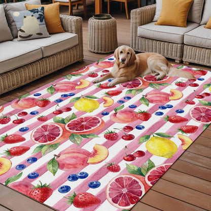 Summer Peach Lemon Grapefruit Outdoor Rug Area Rugs 4x6ft, Non Slip Carpet Deck Patio Rugs, Blueberry Strawberry Pink Stripe Washable Camping Rug for Living Room Entryway Backyard