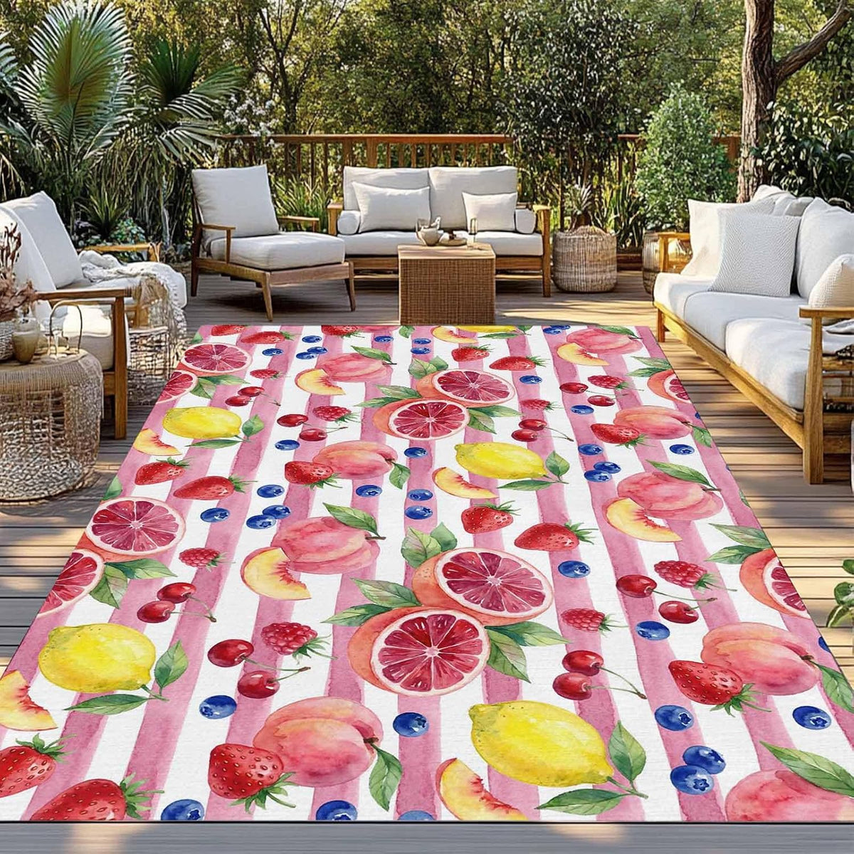 Summer Peach Lemon Grapefruit Outdoor Rug Area Rugs 4x6ft, Non Slip Carpet Deck Patio Rugs, Blueberry Strawberry Pink Stripe Washable Camping Rug for Living Room Entryway Backyard