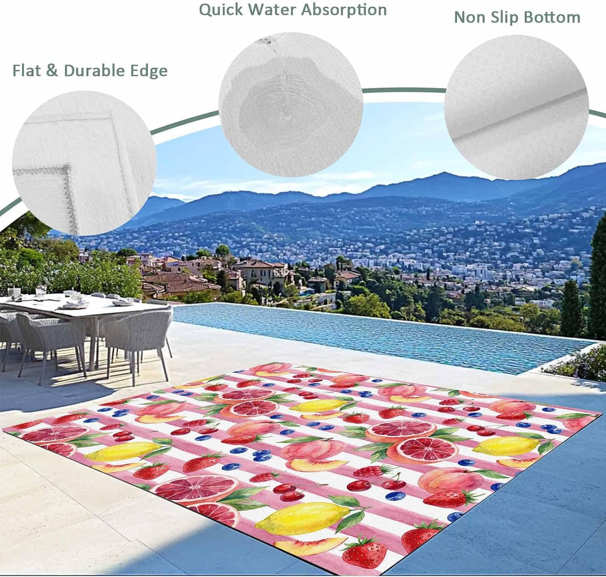 Summer Peach Lemon Grapefruit Outdoor Rug Area Rugs 4x6ft, Non Slip Carpet Deck Patio Rugs, Blueberry Strawberry Pink Stripe Washable Camping Rug for Living Room Entryway Backyard