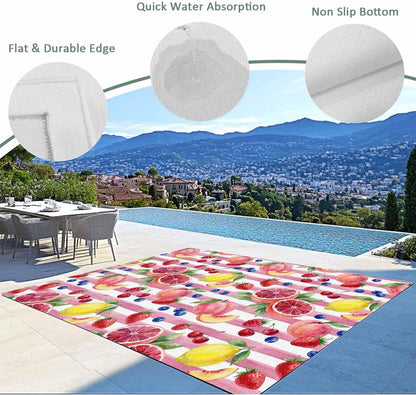 Summer Peach Lemon Grapefruit Outdoor Rug Area Rugs 4x6ft, Non Slip Carpet Deck Patio Rugs, Blueberry Strawberry Pink Stripe Washable Camping Rug for Living Room Entryway Backyard