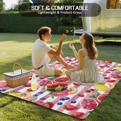 Summer Peach Lemon Grapefruit Outdoor Rug Area Rugs 4x6ft, Non Slip Carpet Deck Patio Rugs, Blueberry Strawberry Pink Stripe Washable Camping Rug for Living Room Entryway Backyard