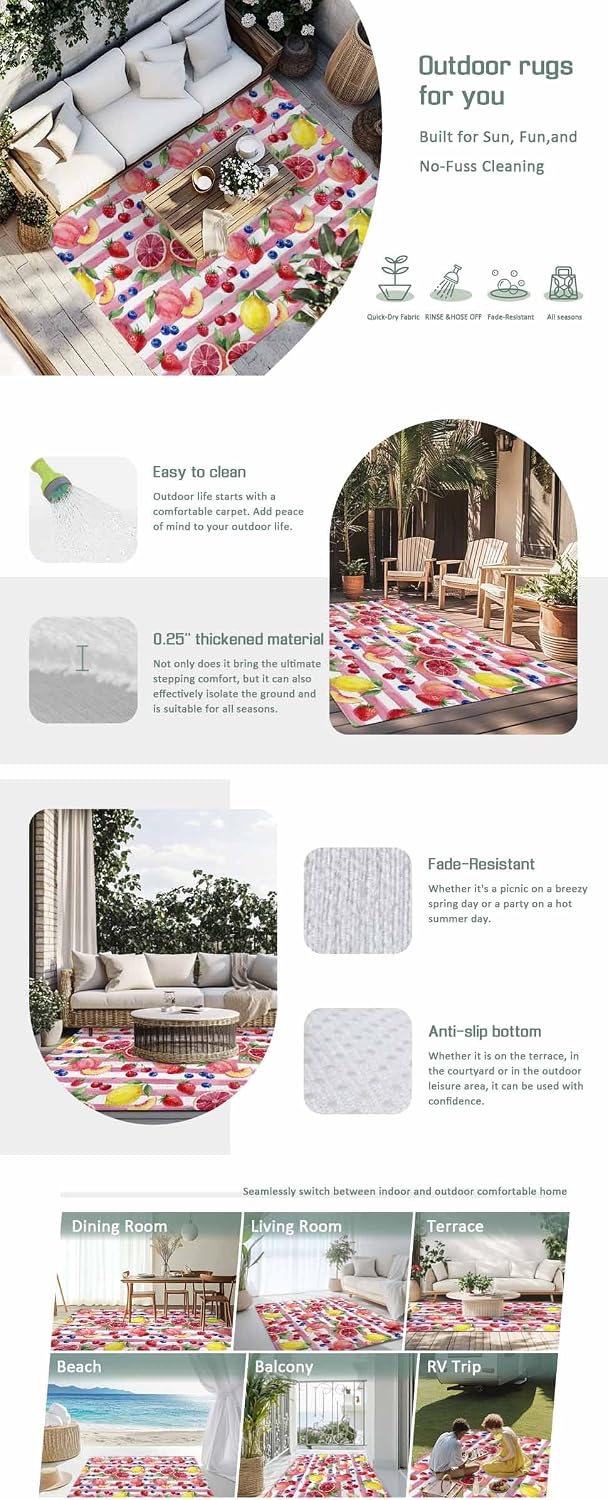 Summer Peach Lemon Grapefruit Outdoor Rug Area Rugs 4x6ft, Non Slip Carpet Deck Patio Rugs, Blueberry Strawberry Pink Stripe Washable Camping Rug for Living Room Entryway Backyard