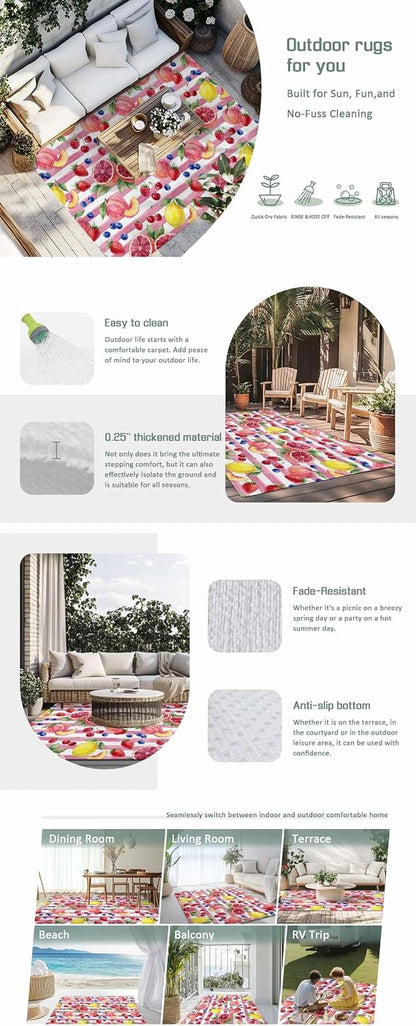 Summer Peach Lemon Grapefruit Outdoor Rug Area Rugs 4x6ft, Non Slip Carpet Deck Patio Rugs, Blueberry Strawberry Pink Stripe Washable Camping Rug for Living Room Entryway Backyard