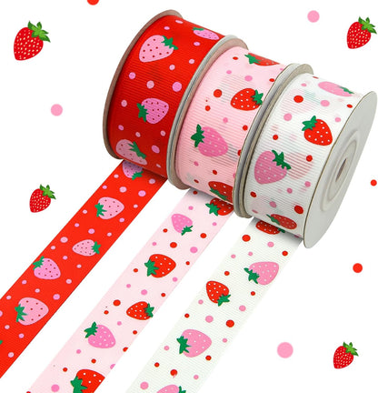 Pastel Red Pink Strawberries Grosgrain Ribbon (3 Rolls, 3 Patterns, 1 inch x 10 Yards Each Roll, 30 Yards TTL.) Fruit Ribbon for Spring Summer Wreaths, Crafts, Trims, Hair Bow Making, Gift Wrapping