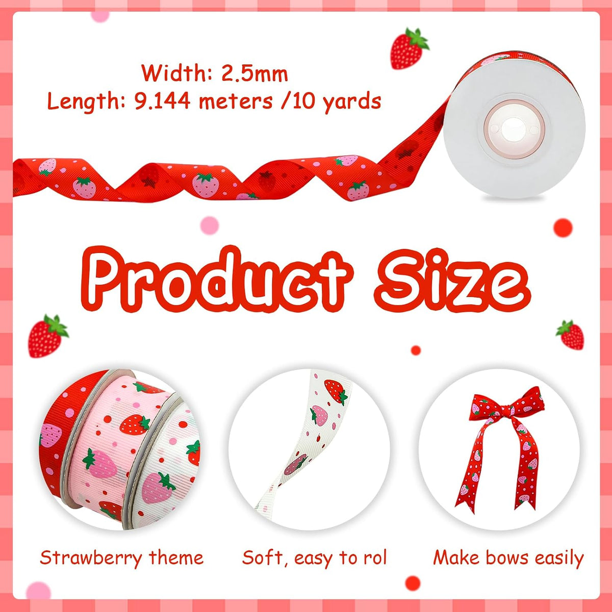 Pastel Red Pink Strawberries Grosgrain Ribbon (3 Rolls, 3 Patterns, 1 inch x 10 Yards Each Roll, 30 Yards TTL.) Fruit Ribbon for Spring Summer Wreaths, Crafts, Trims, Hair Bow Making, Gift Wrapping