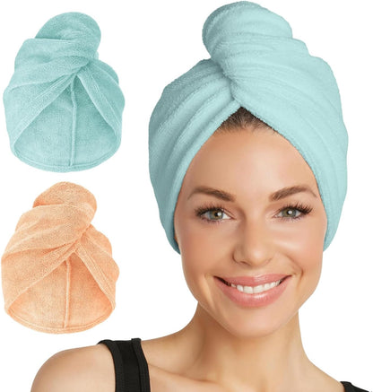 2-Pack Microfiber Hair Towel for Beauty, Travel, Gifting - Hair Wrap Turban for Straight, Wavy & Curly Hair - Premium Personal Care - Bermuda & Peach