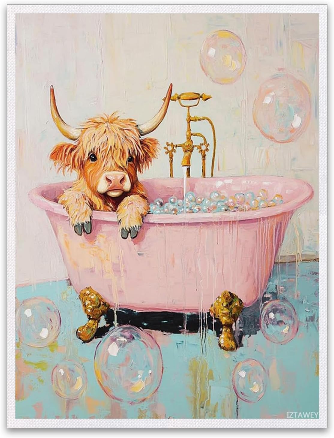 Highland Cow in Bathtub Wall Art Cute Pastel Bathroom Poster Pink and Teal Animal Print Maximalist Preppy Decor for Trendy Dorm or Powder Room 12x16Inch Unframed