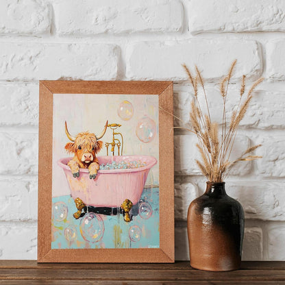 Highland Cow in Bathtub Wall Art Cute Pastel Bathroom Poster Pink and Teal Animal Print Maximalist Preppy Decor for Trendy Dorm or Powder Room 12x16Inch Unframed