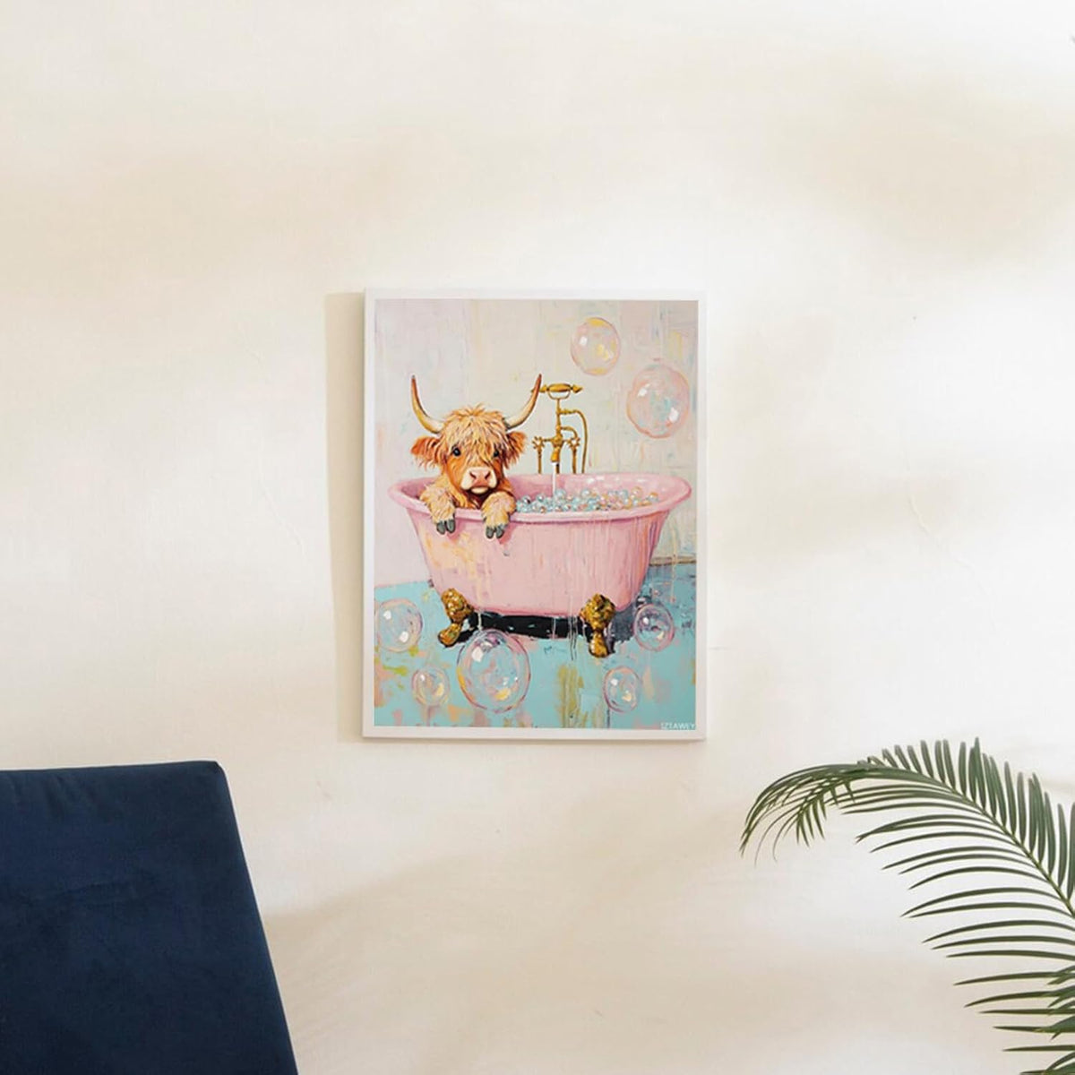 Highland Cow in Bathtub Wall Art Cute Pastel Bathroom Poster Pink and Teal Animal Print Maximalist Preppy Decor for Trendy Dorm or Powder Room 12x16Inch Unframed