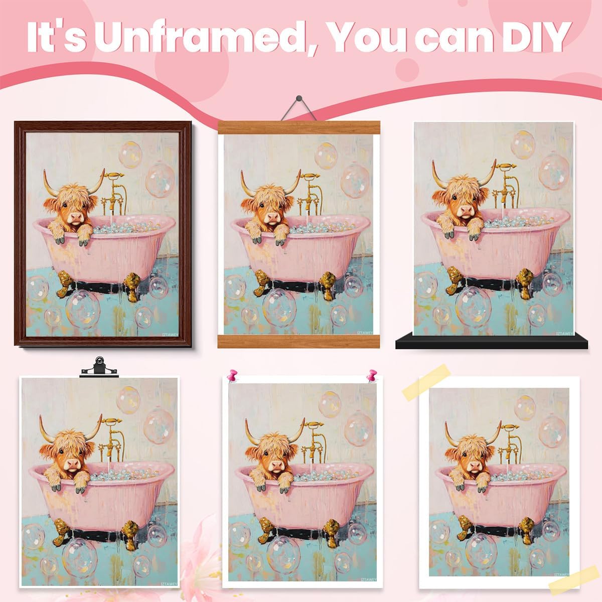 Highland Cow in Bathtub Wall Art Cute Pastel Bathroom Poster Pink and Teal Animal Print Maximalist Preppy Decor for Trendy Dorm or Powder Room 12x16Inch Unframed