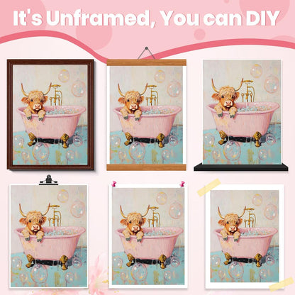 Highland Cow in Bathtub Wall Art Cute Pastel Bathroom Poster Pink and Teal Animal Print Maximalist Preppy Decor for Trendy Dorm or Powder Room 12x16Inch Unframed