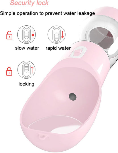 Dog Water Bottle, Portable Dog Water Bottle, Multifunctional and Detachable Design for Drinking and Eating Combination Cup, pet Water Bottle Suitable for Outdoor Walking, Hiking, Traveling. (Pink)