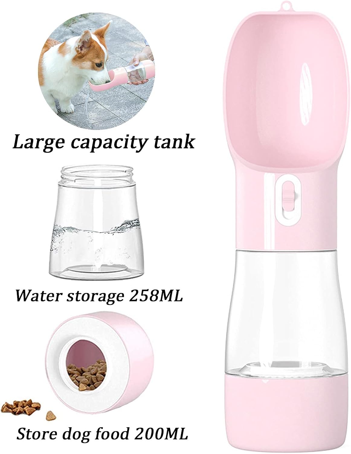 Dog Water Bottle, Portable Dog Water Bottle, Multifunctional and Detachable Design for Drinking and Eating Combination Cup, pet Water Bottle Suitable for Outdoor Walking, Hiking, Traveling. (Pink)