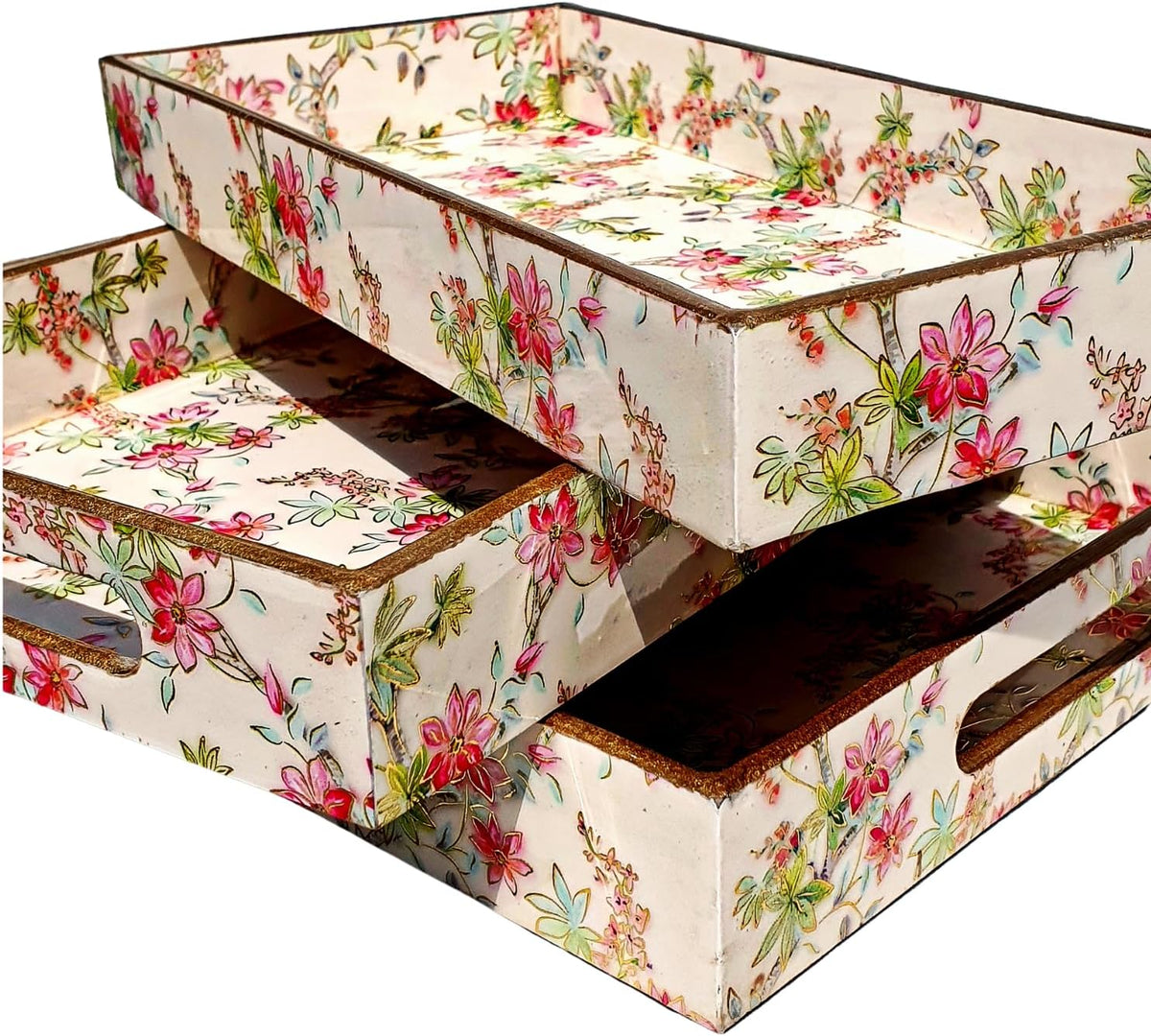 Wooden Serving Trays with Handle - 3PC Set for Coffee Table, Home Decor, Kitchen, Ottoman, BBQ, Parties - Rectangular Platter for Breakfast, Lunch & Dinner, Stylish - Light Pink